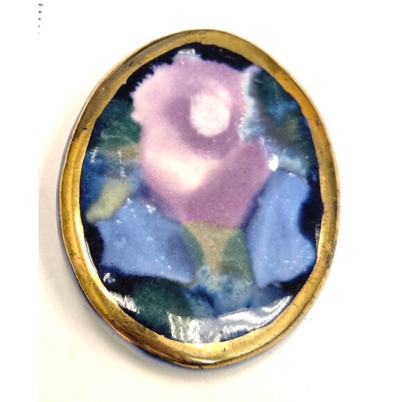 Handmade Ceramic Floral Pin Brooch With Gold Trim & Abstract Purple Blue Design - Picture 1 of 3